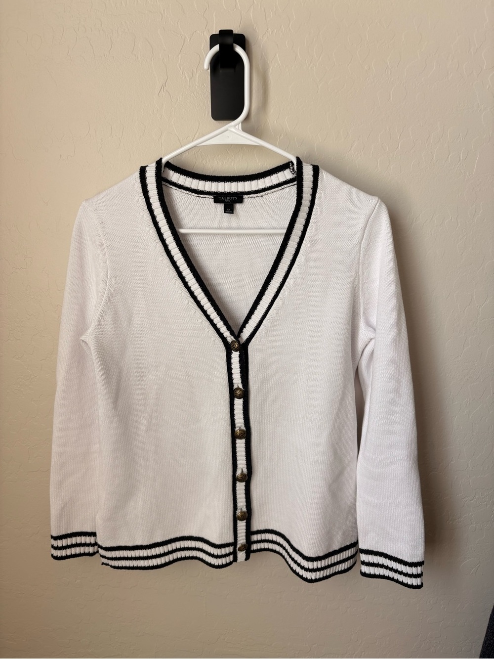 Talbots Small Petite White Cardigan with Black Trim and Gold Buttons